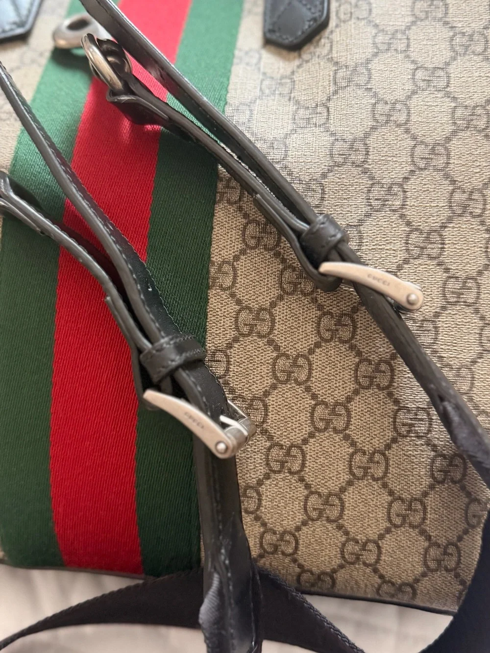 Gucci Beige GG Supreme Canvas Laptop Briefcase with Green & Red Web